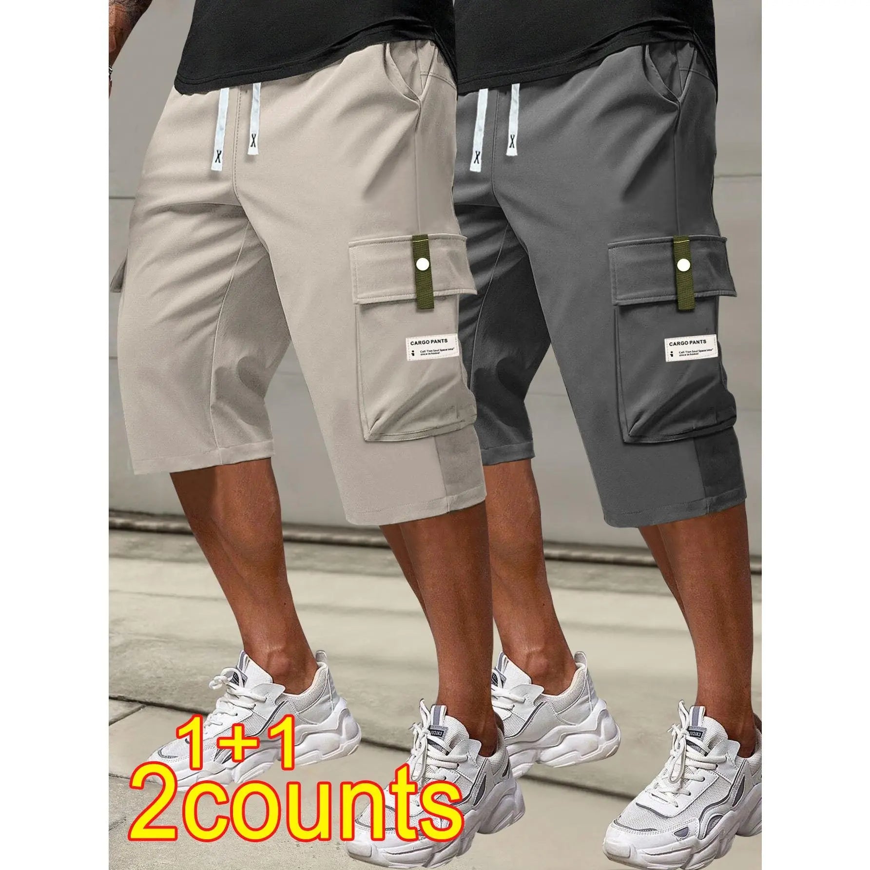 Men's Plus Size Cargo Shorts - Elastic Drawstring Waist & Multi-Pockets