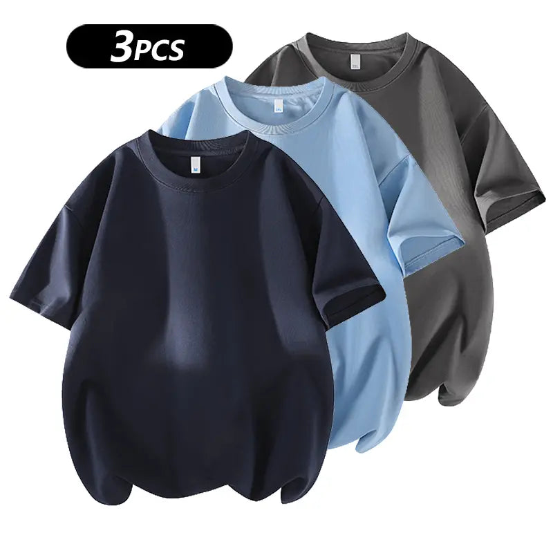 summervibes Men's 3PCS 100% cotton Crew Neck T-Shirts Set - Soft Loose Fit Navy Gray Black Tees for Casual Daily Wear Crewneck Classic
