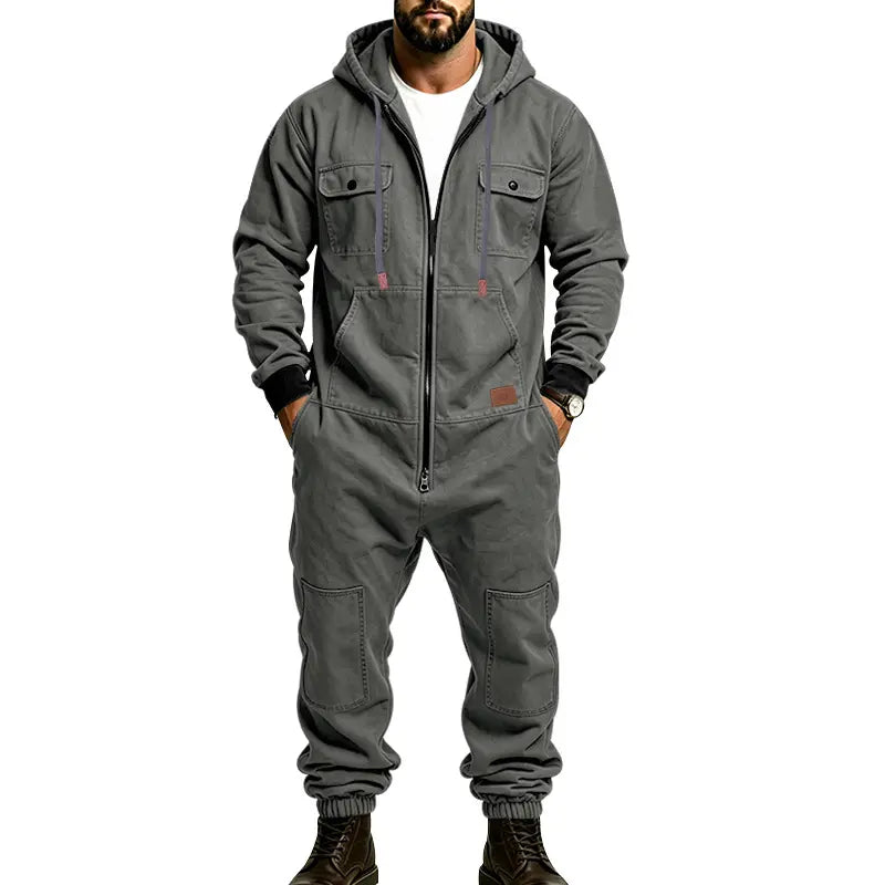 Men’s Hooded Cargo Jumpsuit for Men, Multi-Pocket Zip Front Workwear Coveralls, Relaxed Fit Long Sleeve Utility One Piece Outfit, Outdoor Work Hiking Camping Travel Streetwear Casual Overall with Elastic Cuffs and Drawstring Hood