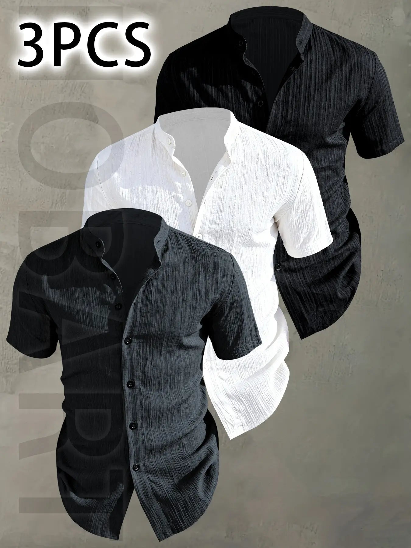 3pcs Men's Summer Lightweight Casual Button-Up Shirts with Stand Collar