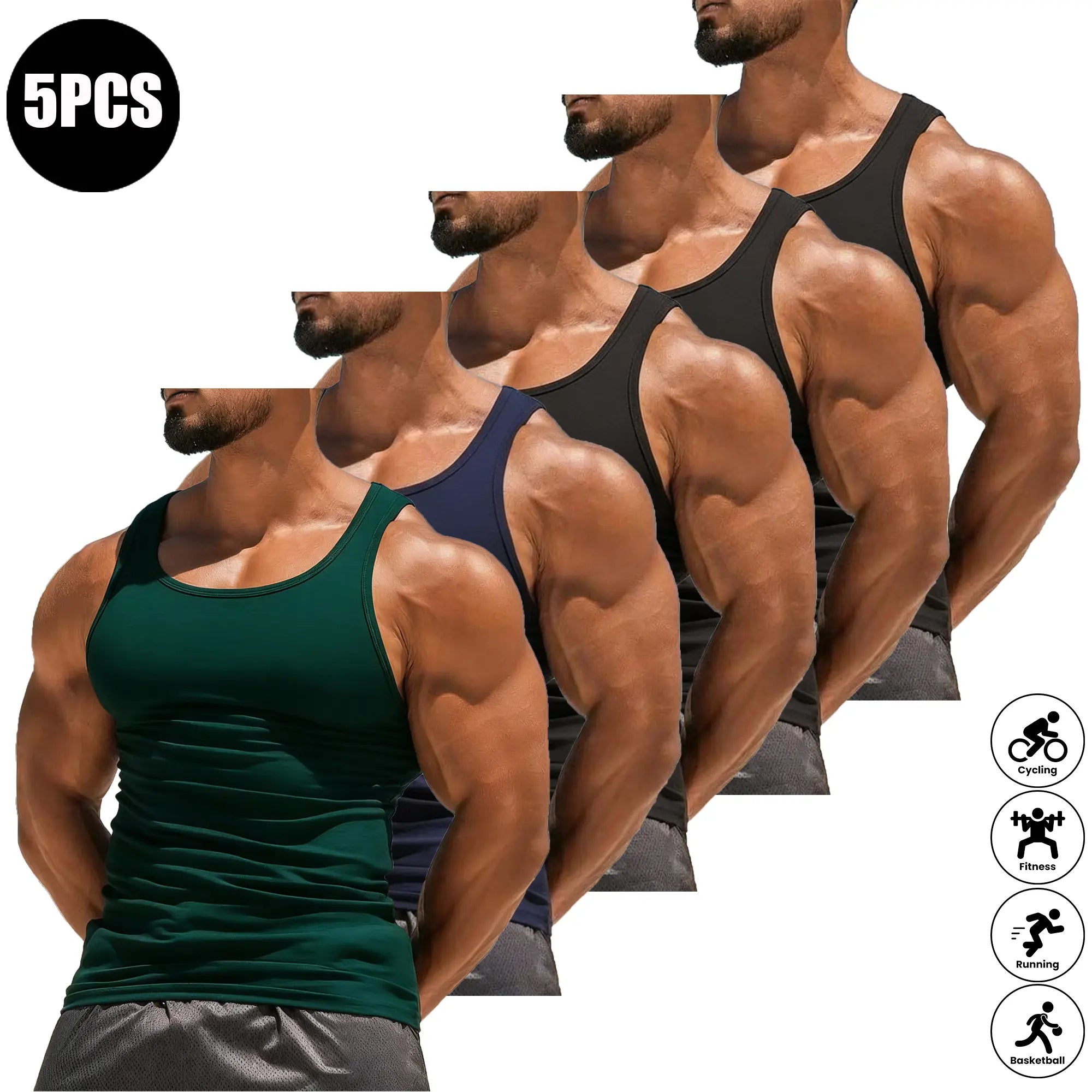 Men’s Summer 5-Pack Solid Color Tank Tops, Lightweight Breathable High-Stretch Sports Shirts, Suitable for Fitness Workouts and Everyday Wear, Plain, Athletic Apparel