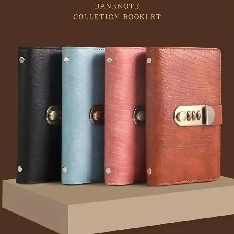 100-Transparent-Pocket Currency Collectors Album, Top-Grade PU Leather, Password Lock, Durable Material, Secure Protection, Large Capacity Storage, High Clarity Transparent Sleeves, Banknote Binder, Gift-Ready Office Accounting Supplies for Gift Use, 100