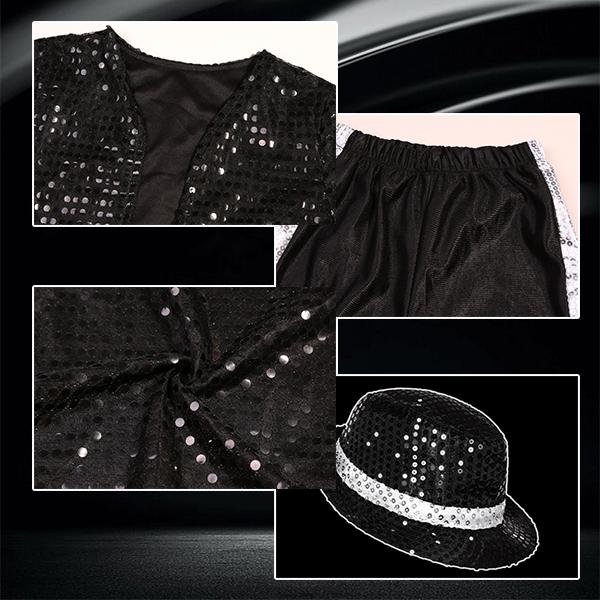 Boys' 80s-90s Pop Dance Costume Full Set - Polyester Sequins Criss Cross Striped T-Shirt & Pants, Sunglasses Included, Costumes with Accessories for Halloween, Cosplay Gear, 4-5/13-14Y Halloween Aesthetic Outfit