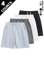4-pack summer men’s shorts with a simple pocket design—versatile casual athletic shorts for everyday wear, featuring a drawstring waist for comfort.summervibes