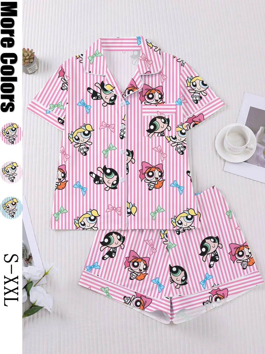Women's Cartoon Print Short Sleeve Pajama Set with Shorts