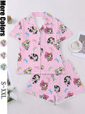 Women's Cartoon Print Short Sleeve Pajama Set with Shorts