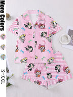Women's Cartoon Print Short Sleeve Pajama Set with Shorts
