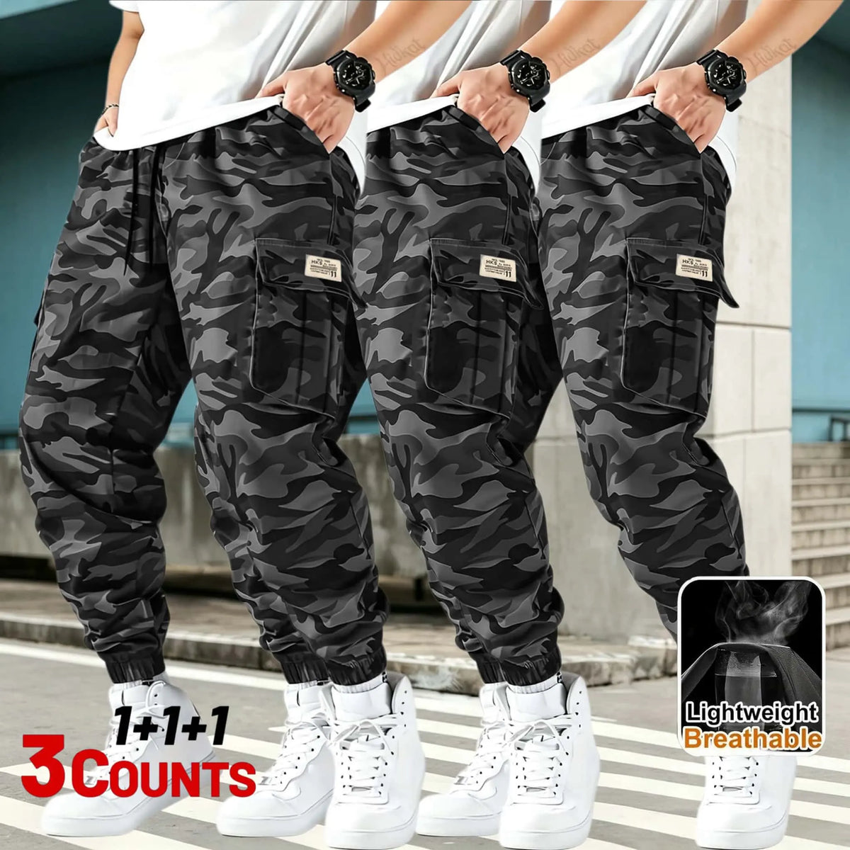 3-piece Men's Tactical Work Pants, Outdoor Camouflage Design, Training, Multi Pocket Pants, Hiking and Camping, Lightweight, Breathable, Quick Drying Sports Pants