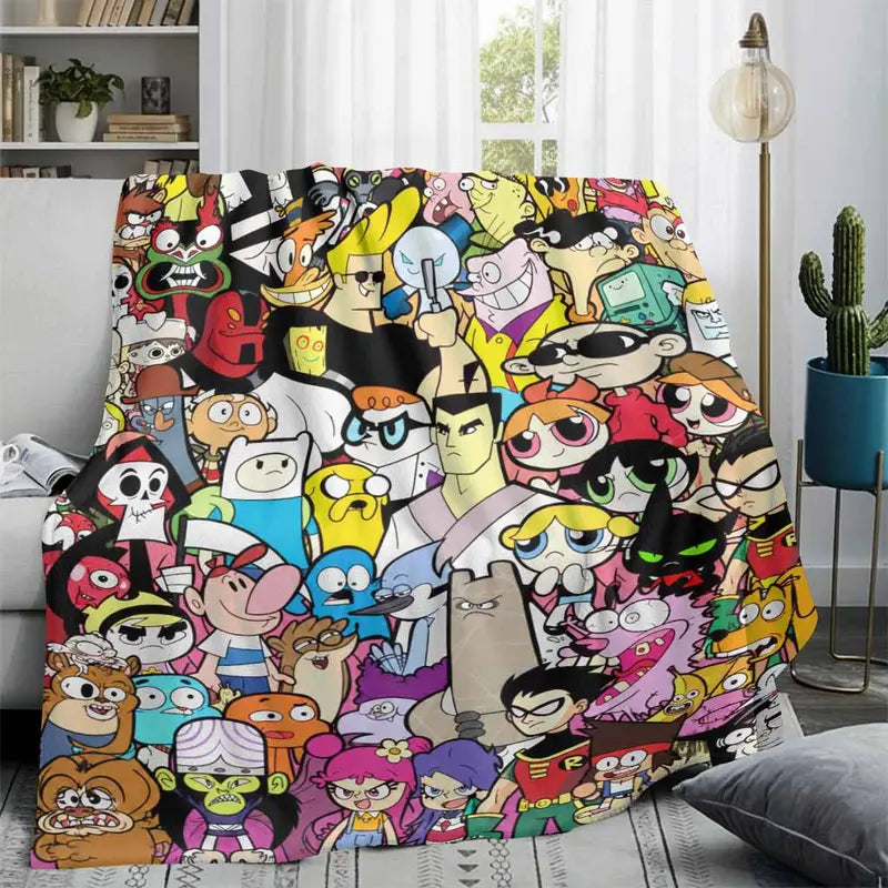 Retro Cartoon Character Flannel Blanket - Classic Animation Collage Print, Flannel Fabric, Multi-Size, Wrinkle Resistant, Anti-Pilling, Soft, Cozy, Lightweight, Durable Indoor/Outdoor Throw for Sofa, Bedroom, Gift Use, Home Office, 30×40 Inch / 76×101Cm (