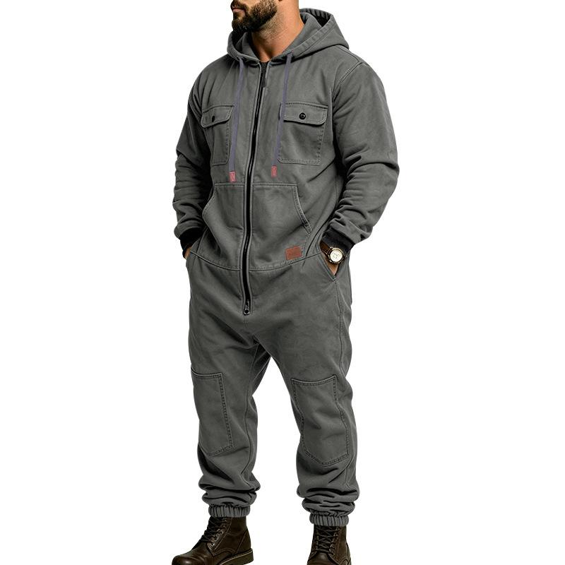 Men’s Hooded Cargo Jumpsuit for Men, Multi-Pocket Zip Front Workwear Coveralls, Relaxed Fit Long Sleeve Utility One Piece Outfit, Outdoor Work Hiking Camping Travel Streetwear Casual Overall with Elastic Cuffs and Drawstring Hood