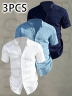3pcs Men's Summer Lightweight Casual Button-Up Shirts with Stand Collar