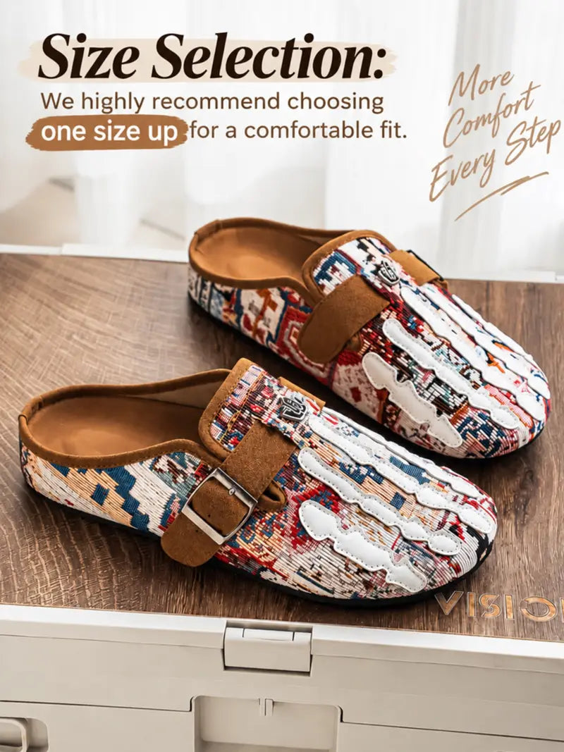 Men's Bohemian Print Mules, Mule Slides, Comfortable Slip-On Sandals, Adjustable Buckle, Soft Insole, Ideal for Daily Wear, Casual Footwear