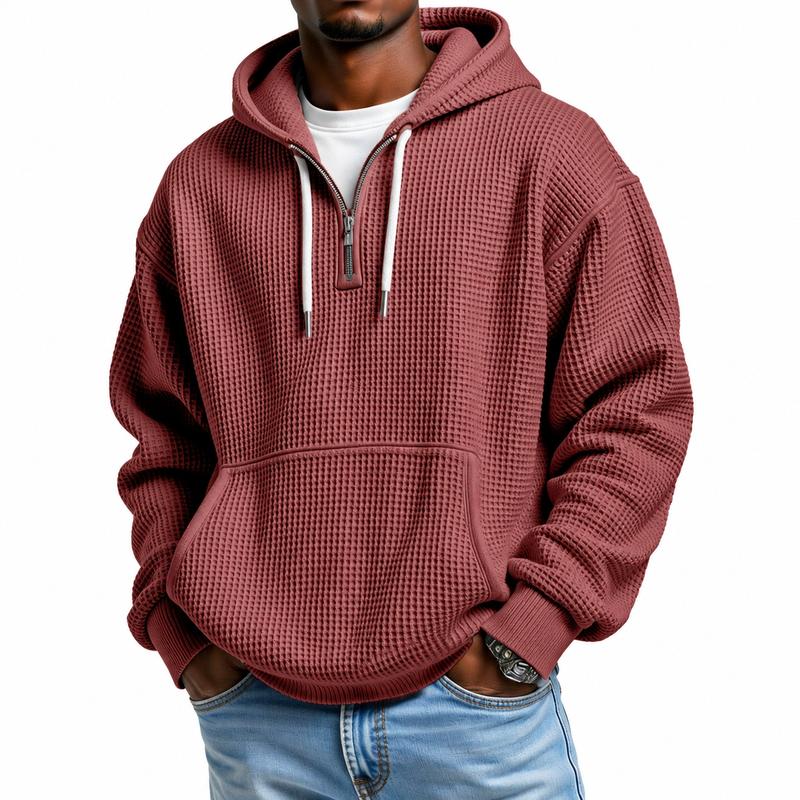 Men's Waffle Knit Half-Zip Hoodie - Casual Plain Streetwear Sweatshirt, Loose Ribbed Pullover, Soft Textured Fabric, Kangaroo Pocket, Long Sleeve, Fall Winter Outdoor Daily Layer