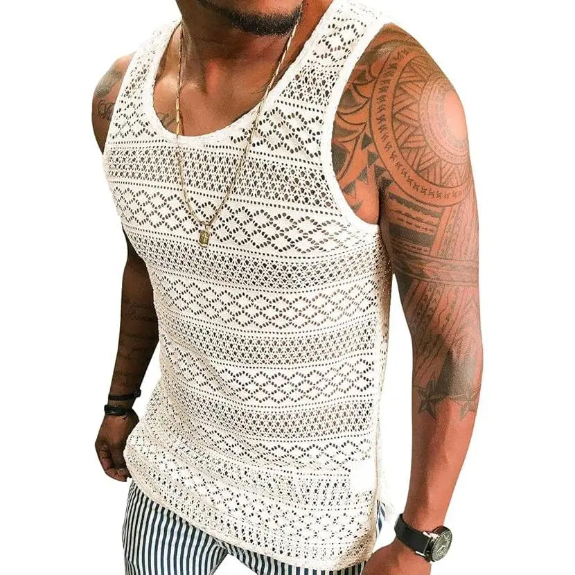 Runcati Mens See Through Vest Crewneck Sleeveless Tank Tops Muscle Sexy Mesh Shirts