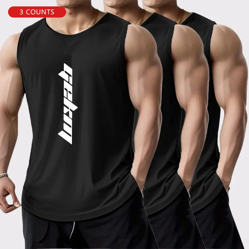 3-Pack Men's Letter Print Basketball Jersey Tank Tops - Breathable Polyester Mesh