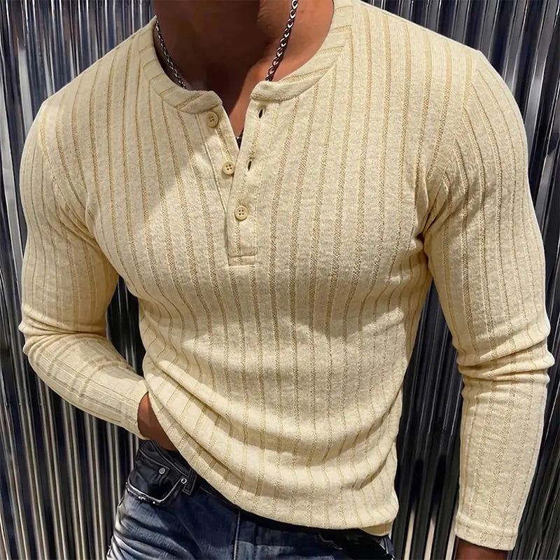 Men’s Ribbed Henley Long Sleeve Shirt Slim Fit Stretch Casual Knit Pullover for Men Soft Breathable Fashion Tee