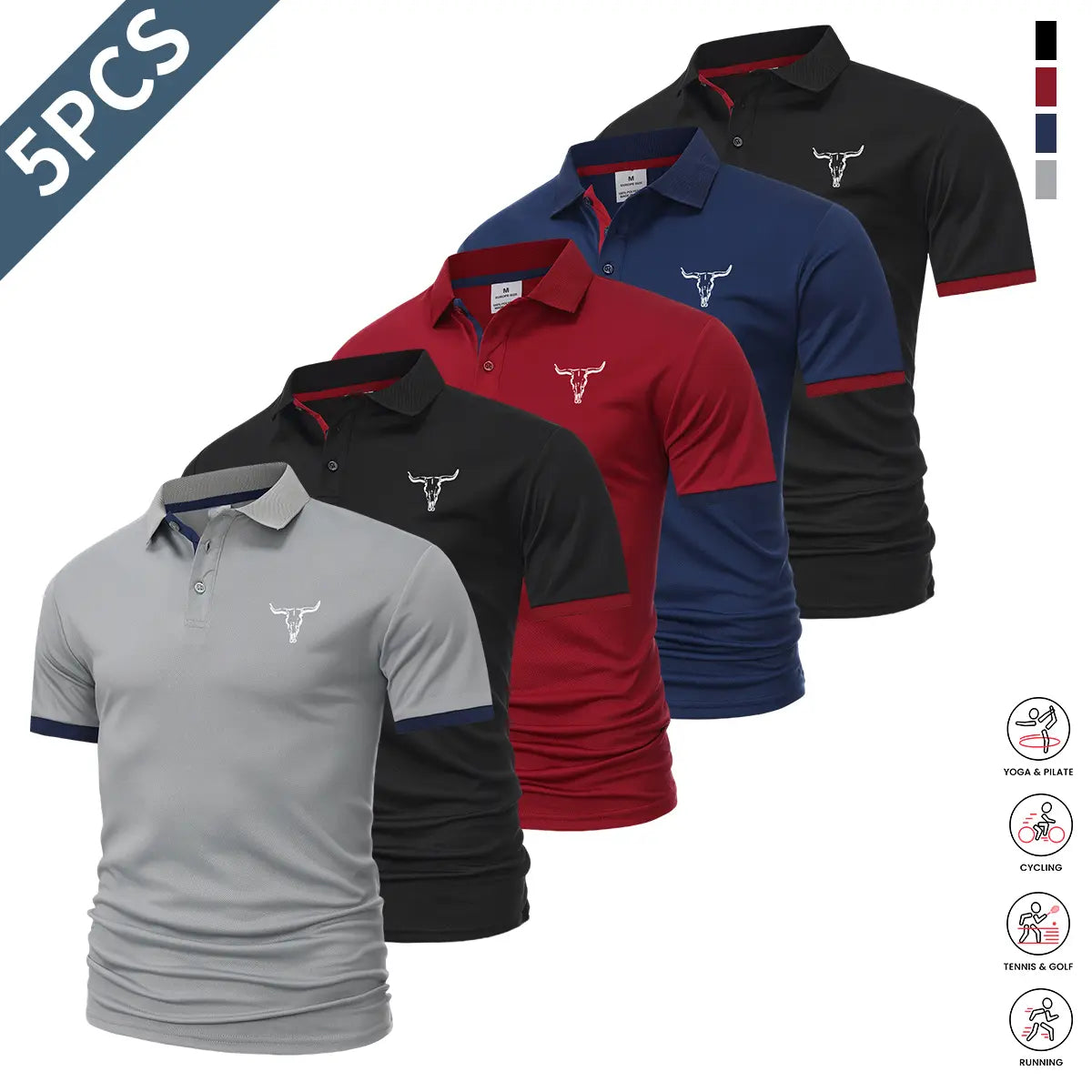 Men's Contrast Short Sleeve Polo Shirts 5-Pack (Quick-Dry/Golf/Tennis/Casual)