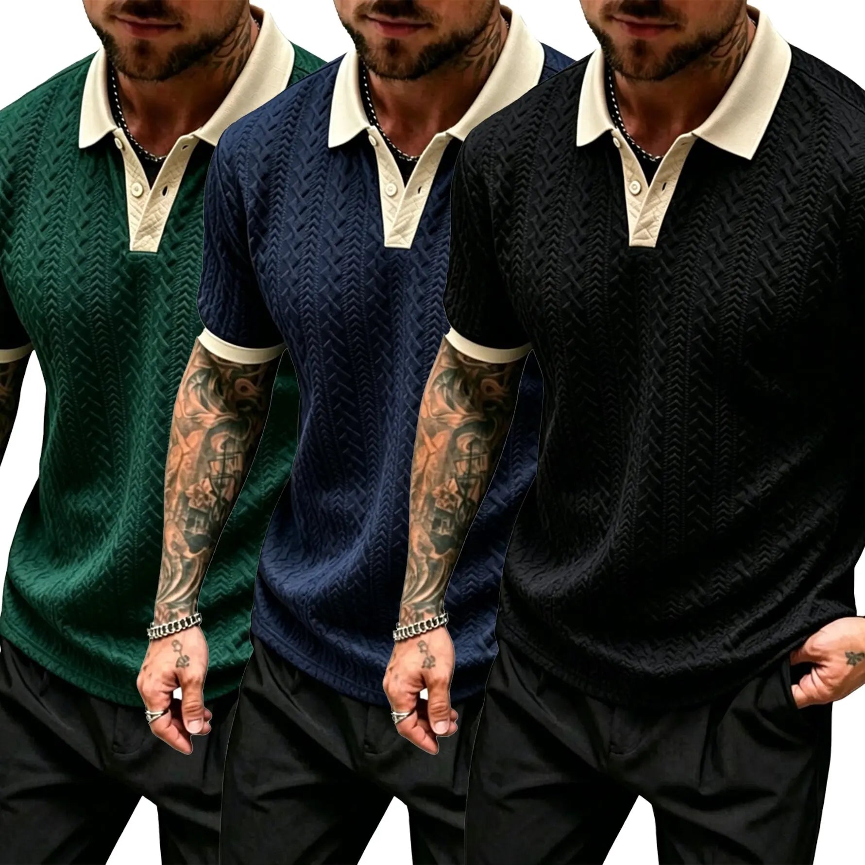 CasualCool Men's Old Money Contrast Knit Short-Sleeve Polo Shirt (Cream)