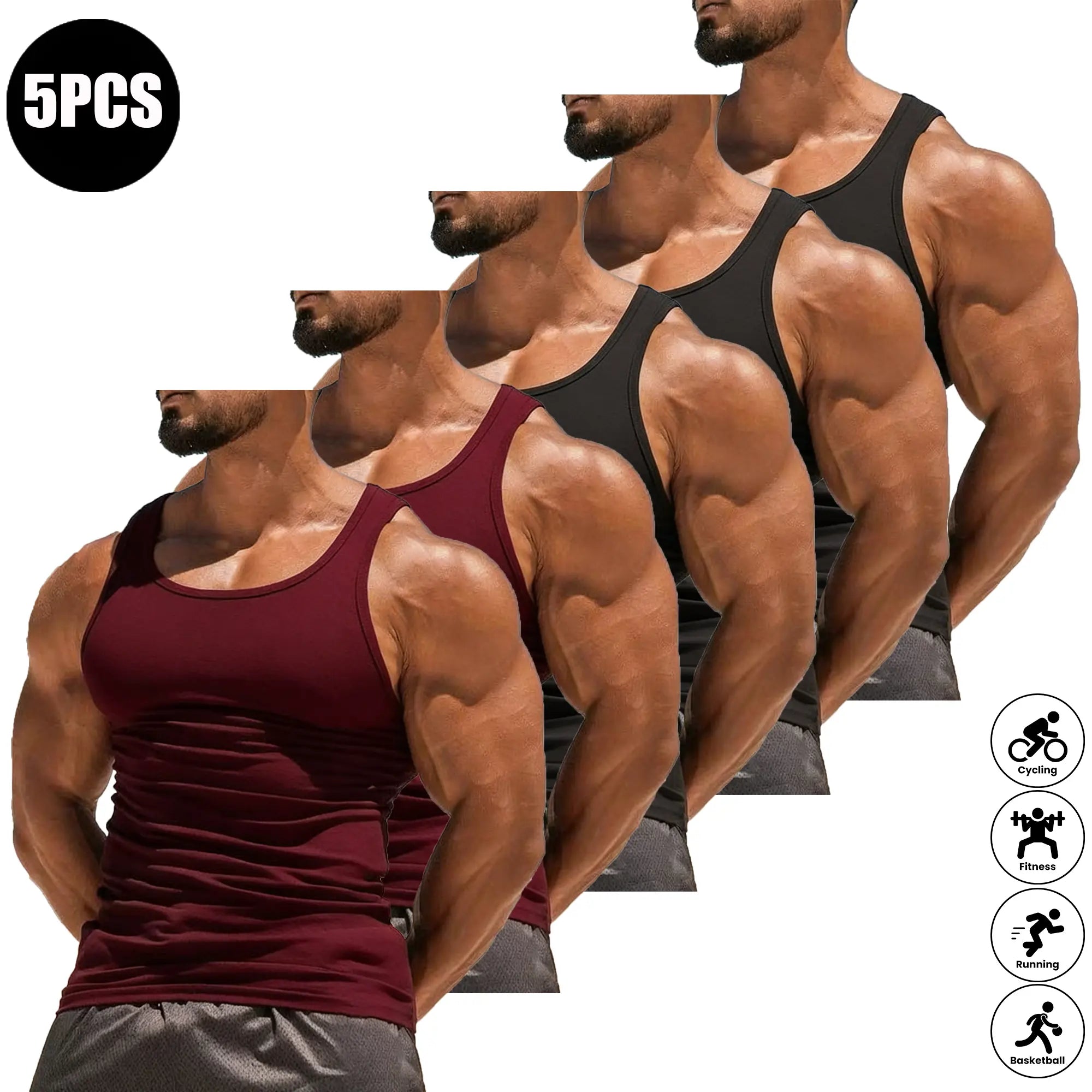 Men’s Summer 5-Pack Solid Color Tank Tops, Lightweight Breathable High-Stretch Sports Shirts, Suitable for Fitness Workouts and Everyday Wear, Plain, Athletic Apparel