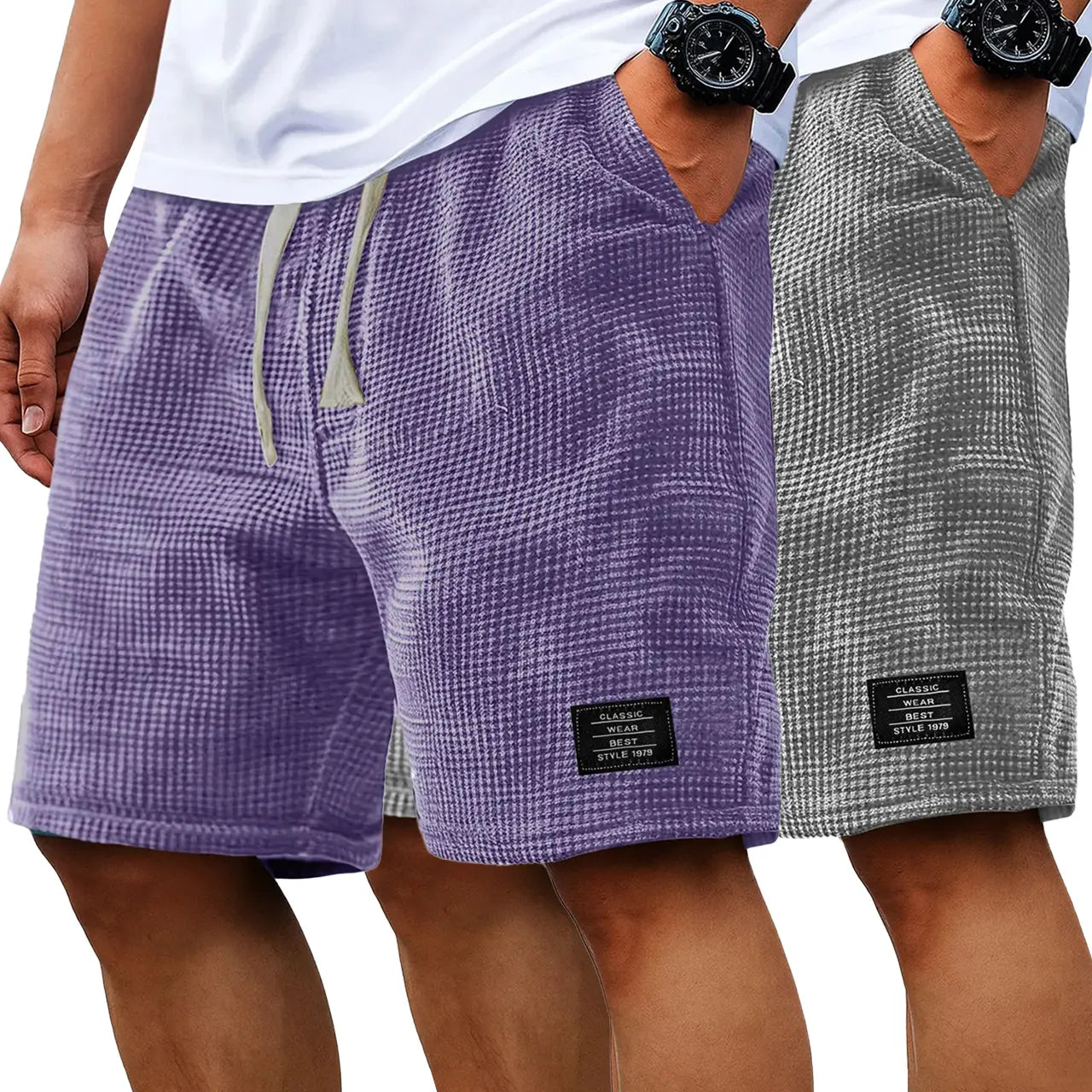Men's 2-Pack Waffle Casual Shorts (Loose Fit, Solid Color)