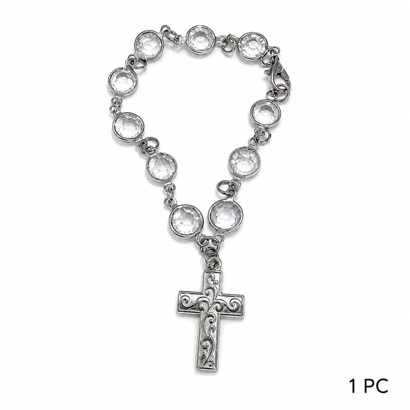 Faith-Inspired Crystal Cross Car Steering Wheel Charm, Silver Tone Beaded Hanging Ornament, Spiritual Blessing Symbol Auto Interior Decor, Meaningful Gift for Drivers,toolupgrade