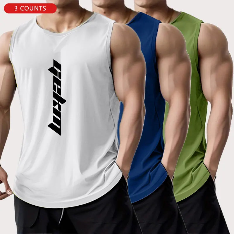 3-Pack Men's Letter Print Basketball Jersey Tank Tops - Breathable Polyester Mesh