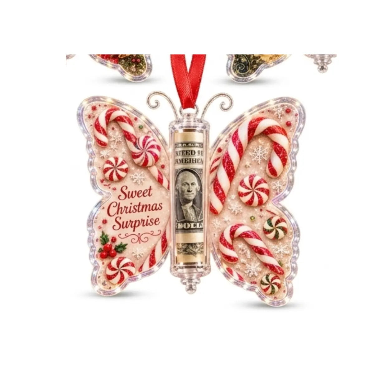 Christmas Cash Gift Ornament - Butterfly Money Holder with Acrylic (5Pcs/1 Set) Clear cash display with transparent holder, a creative Christmas gift idea for holiday tree hanging ornament decor (Peel Off Protective Film for Crystal Clear View)