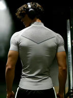 Men's Half-Zip Fitness Compression Shirt, Mock-Neck Short-Sleeve Athletic Top, High Stretch Breathable Mesh, Slim Fit, Ideal for Workout, Running & Gym, Compression Workout Shirts