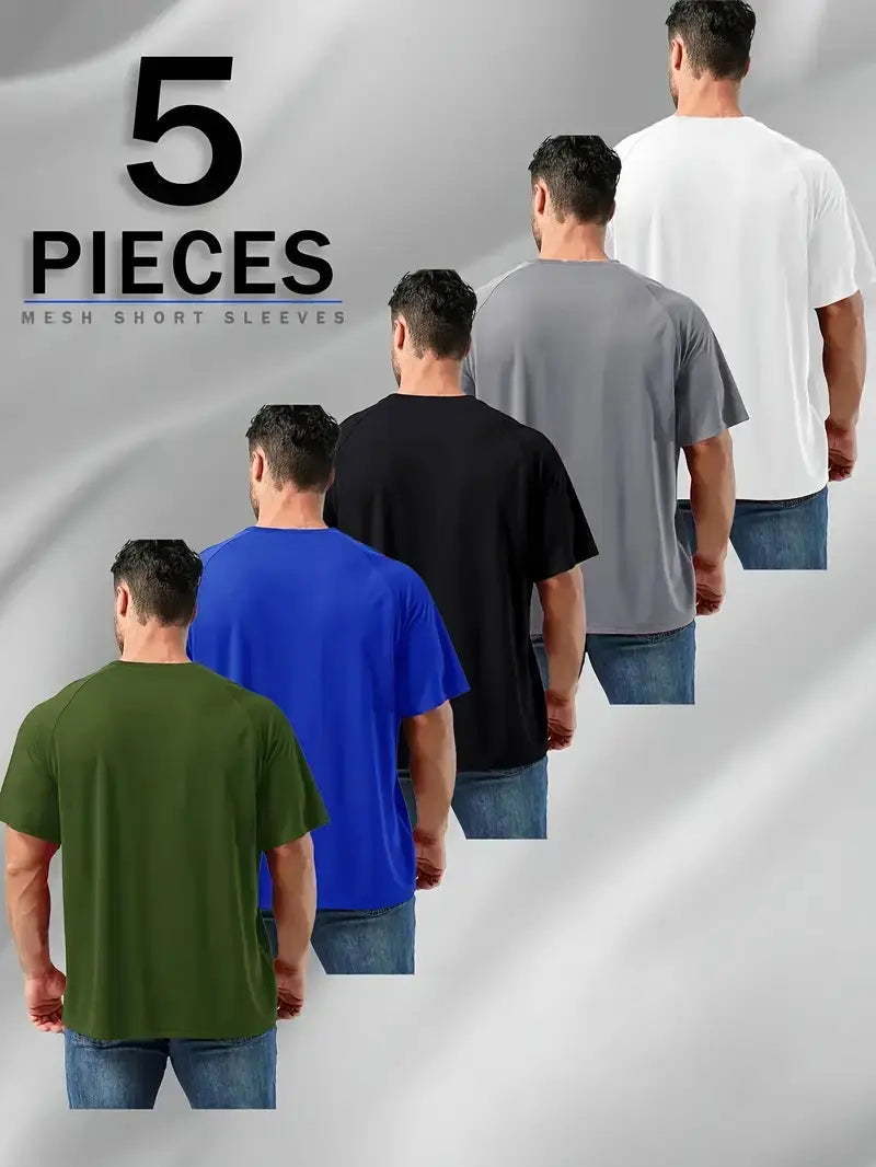 Men's Plus Size 5-Pack Quick Dry Breathable Athletic Apparel, Dry Fit Tech Sporty Sports Tops, Gym & Summer Fitness Workout Shirts Fitted Sportswear Activewear Tees,summerwins,travel essentials,camping essentials