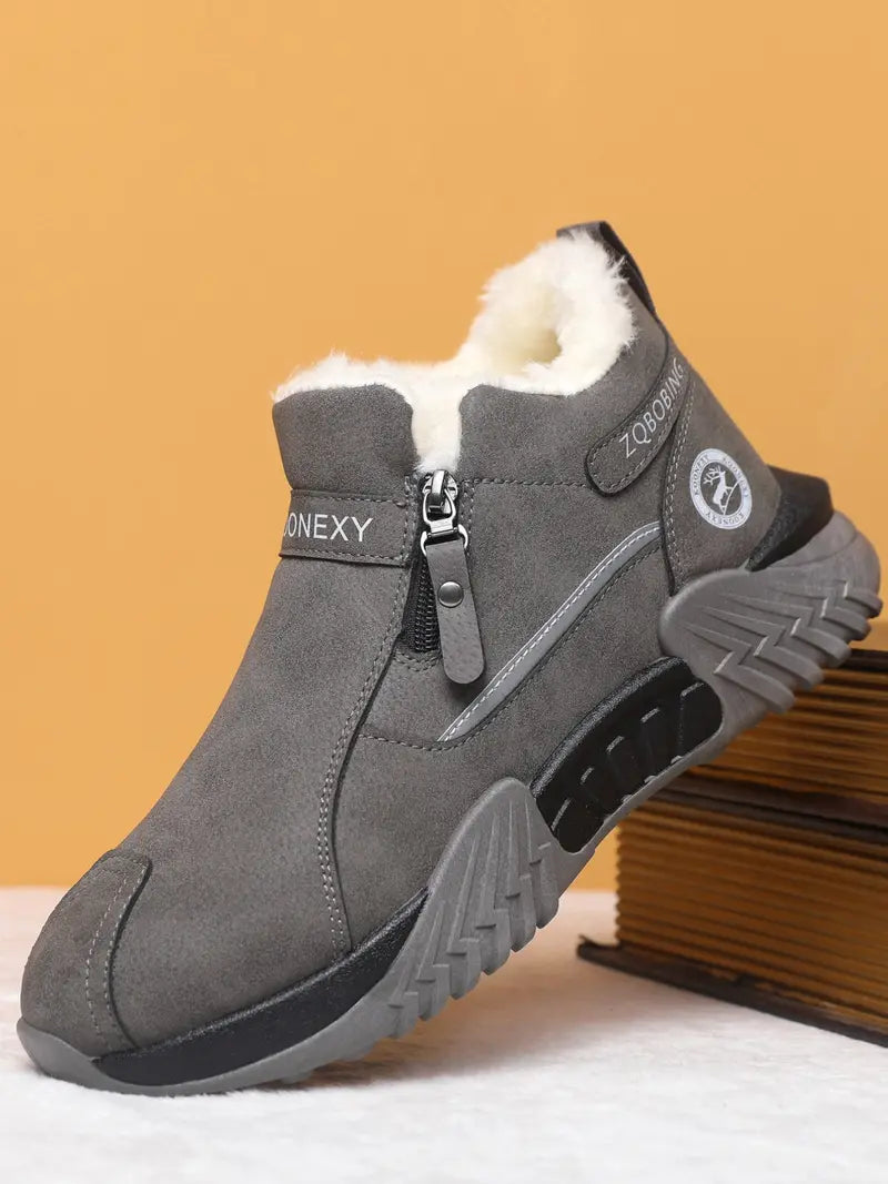 Unisex Winter Snow Casual Ankle Boots, Suede-Look Upper, Side Zip, Fleece-Lined Warm, Thick PVC Sole