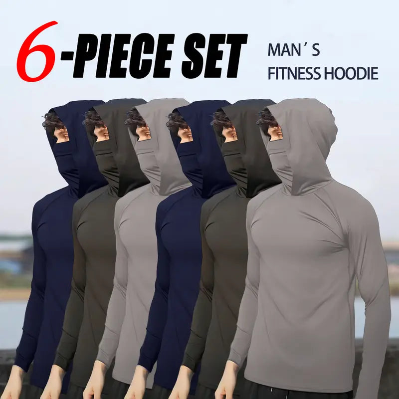 OKP 6-Piece Men's Casual Hoodie Pullovers Blue Black Light Gray Slim Fit Long Sleeve Lightweight UPF Sun Protection Soft Breathable Timeless Classic Versatile Machine Washable Comfort Multi-Occasion Wear Menswear Set Stylish Tops