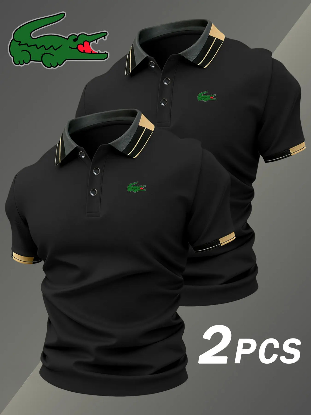 Men's Crocodile Print Polo Shirt, Elastic Classic Casual Breathable, Four-Season Wear, Comfortable Durable Polo, Two-Piece Set