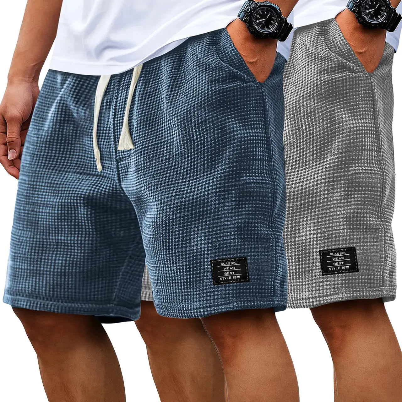 Men's 2-Pack Waffle Casual Shorts (Loose Fit, Solid Color)