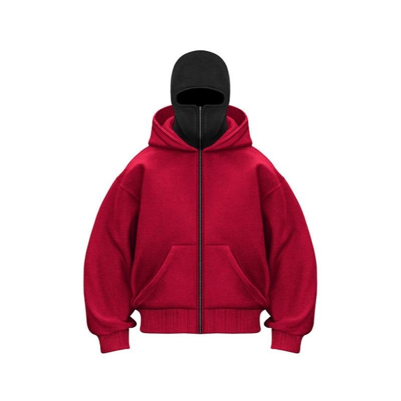 Balaclava Hoodie With Built-In Zip - Black Polyester Long Sleeve Men's Athletic Sweatshirt for Autumn Winter Sports & Casual Wear