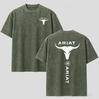 Western Style Bull Skull Graphic T-Shirt, Vintage Mineral Wash Cotton Tee