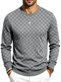 Men's Textured Checkered Knit Sweatshirt, Crew Neck Long Sleeve, Soft Lightweight Casual Top, Minimalist Fall/Winter Knitwear