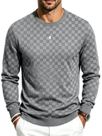 Men's Textured Checkered Knit Sweatshirt, Crew Neck Long Sleeve, Soft Lightweight Casual Top, Minimalist Fall/Winter Knitwear
