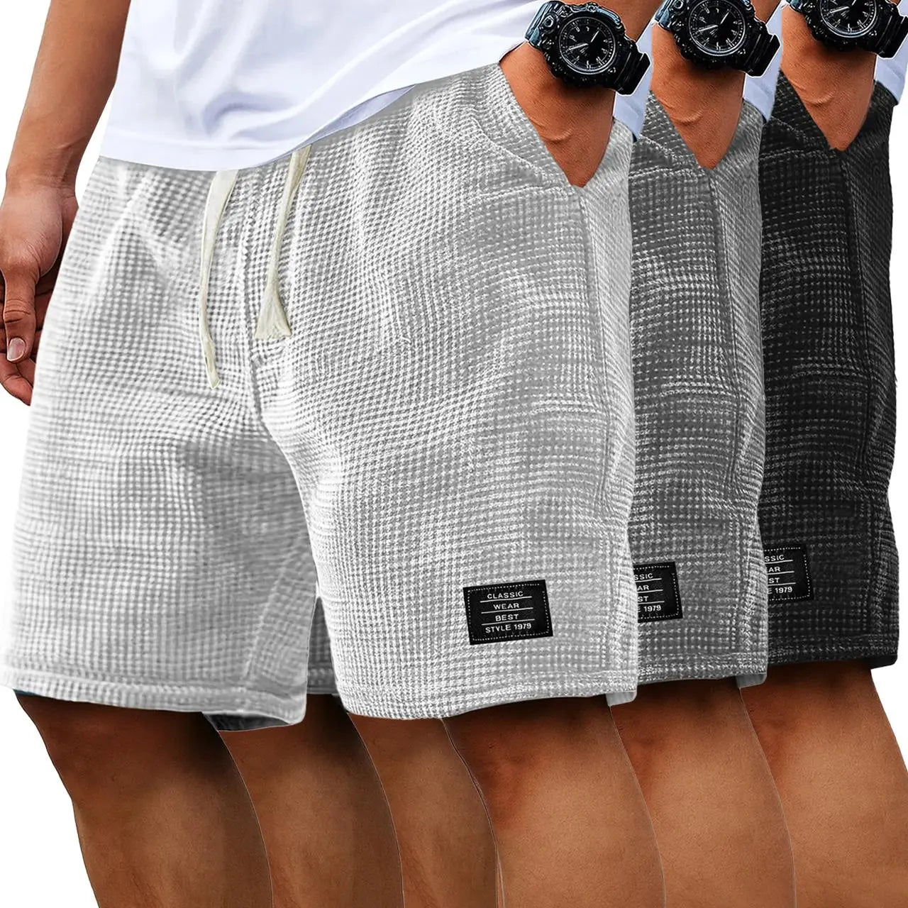 Men's 2-Pack Waffle Casual Shorts (Loose Fit, Solid Color)