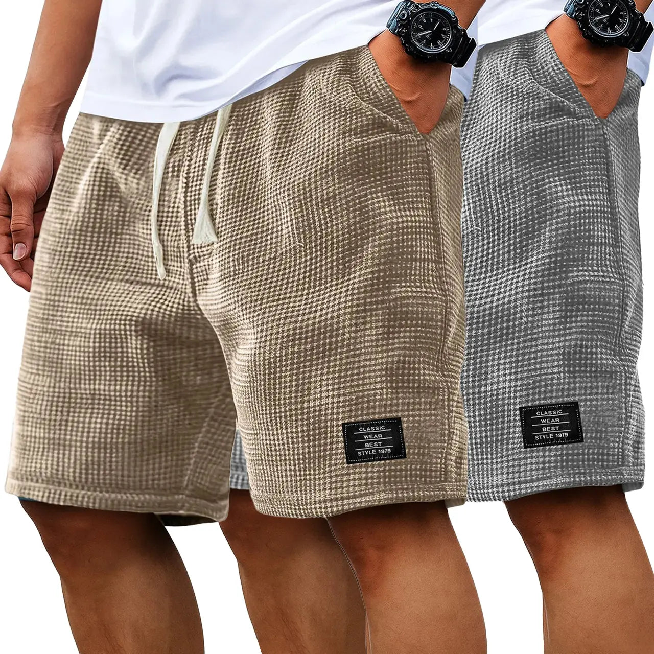 Men's 2-Pack Waffle Casual Shorts (Loose Fit, Solid Color)