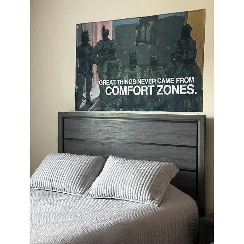 "No Comfort Zones" Motivational Durable Tapestry - Home Decor Item, Hanging Wall Art, College Flag Banner, Room Decor, Living Room Display, Outdoors Use Accessory