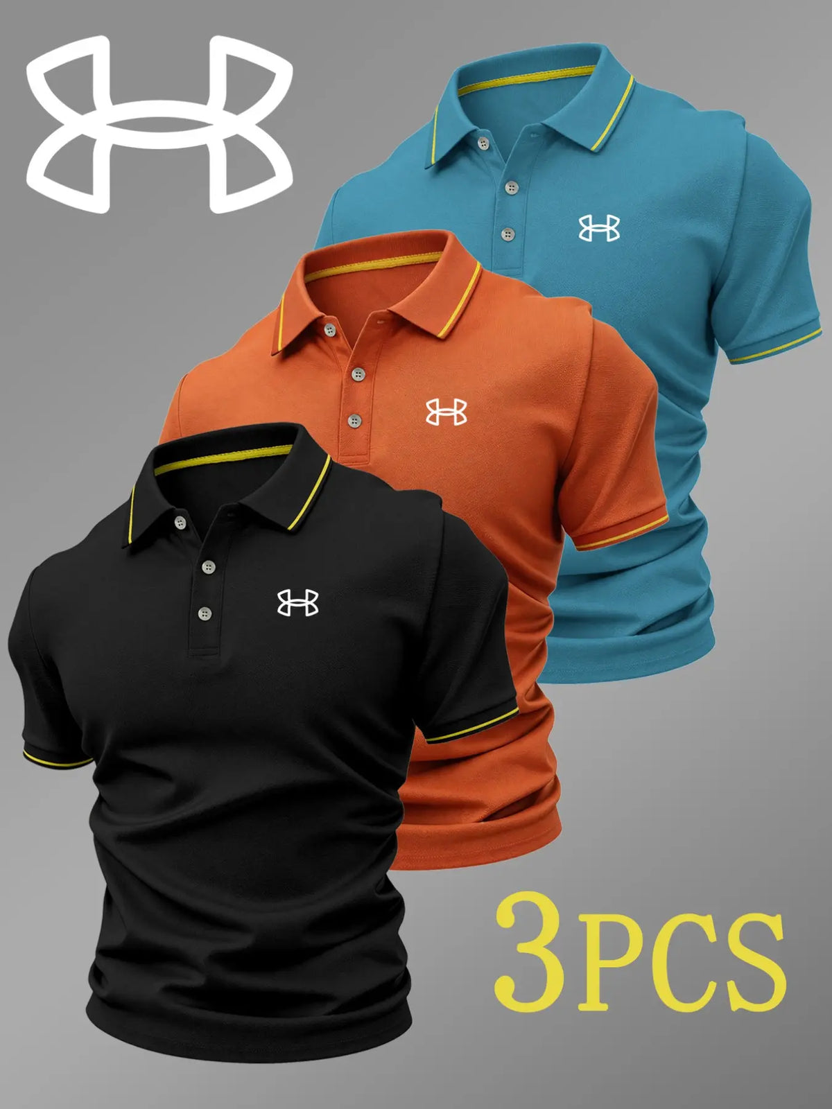 Men's Luxury Golf Polo Shirt Set, 3-Pack, Durable Collared Short-Sleeve Polos with Logo Print, Breathable Stretchy All-Season Casual Wear