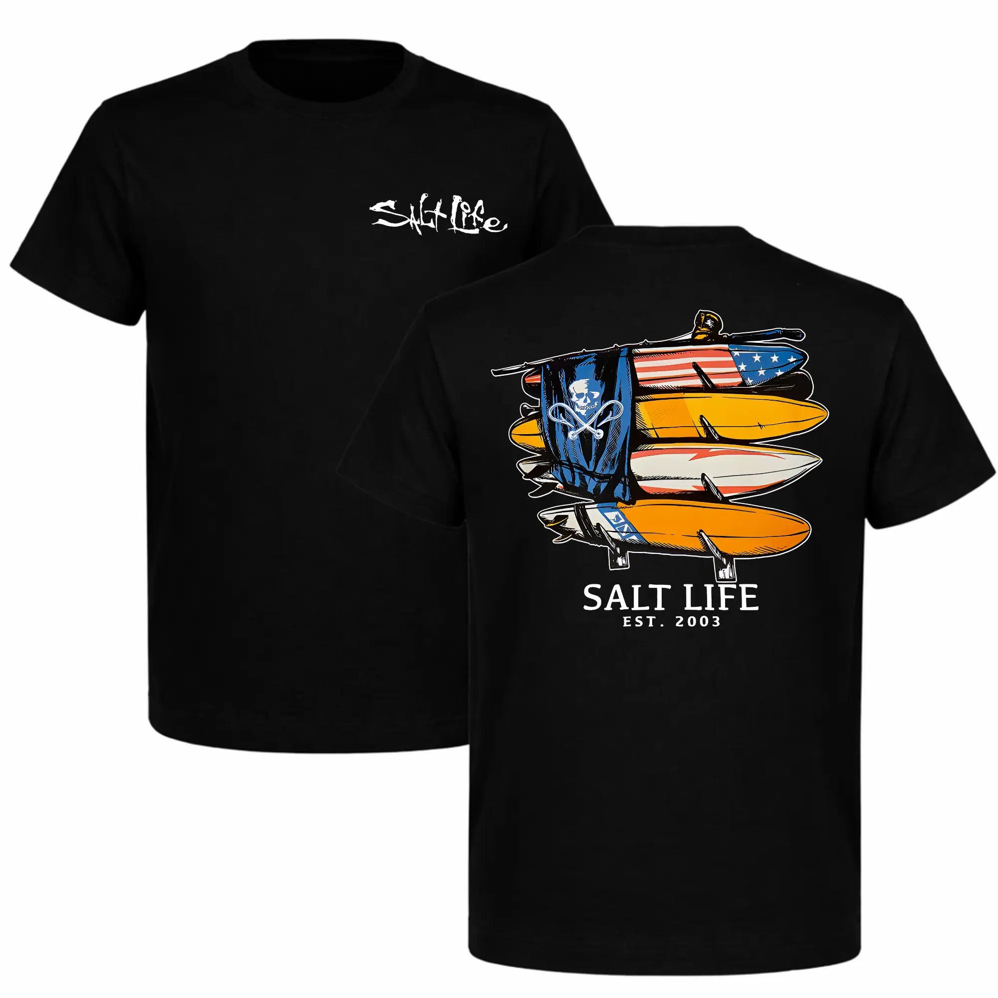 Unisex🏖️ Unisex Salt Life Surfboards Graphic T-Shirt (American Flag & Skull)