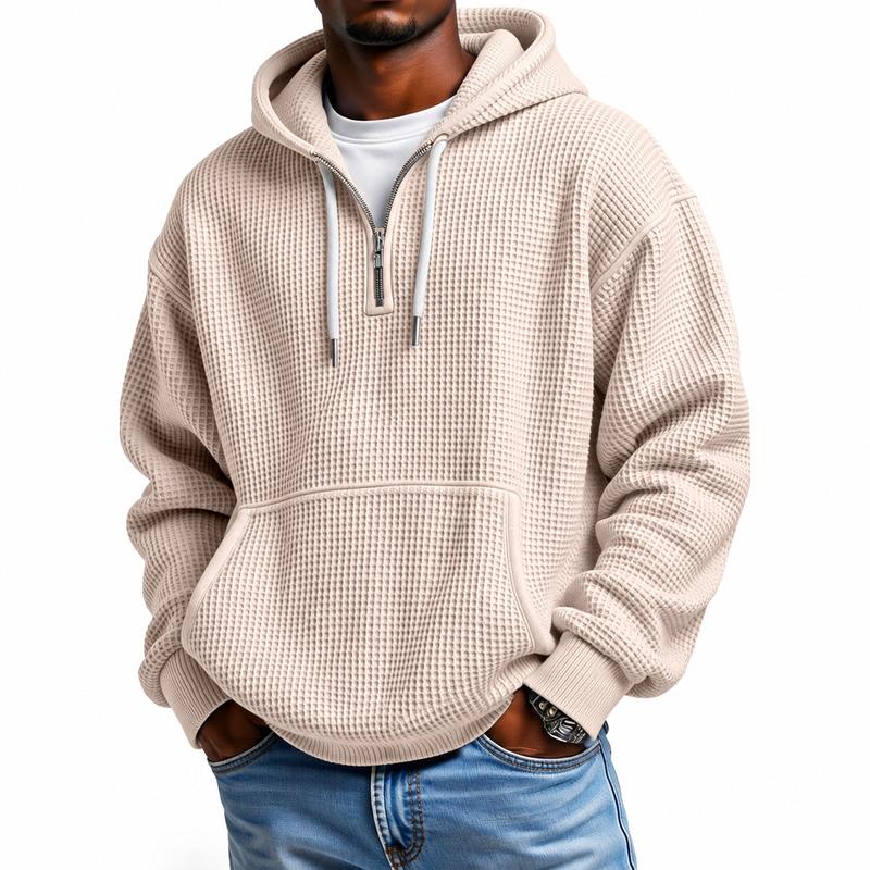 Men's Waffle Knit Half-Zip Hoodie - Casual Plain Streetwear Sweatshirt, Loose Ribbed Pullover, Soft Textured Fabric, Kangaroo Pocket, Long Sleeve, Fall Winter Outdoor Daily Layer