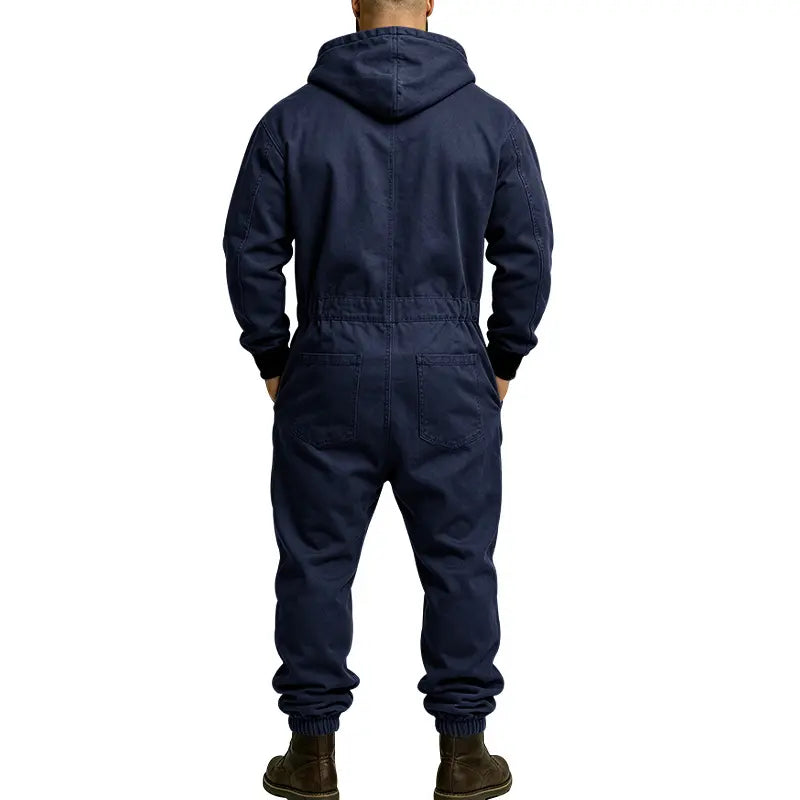 Men’s Hooded Cargo Jumpsuit for Men, Multi-Pocket Zip Front Workwear Coveralls, Relaxed Fit Long Sleeve Utility One Piece Outfit, Outdoor Work Hiking Camping Travel Streetwear Casual Overall with Elastic Cuffs and Drawstring Hood