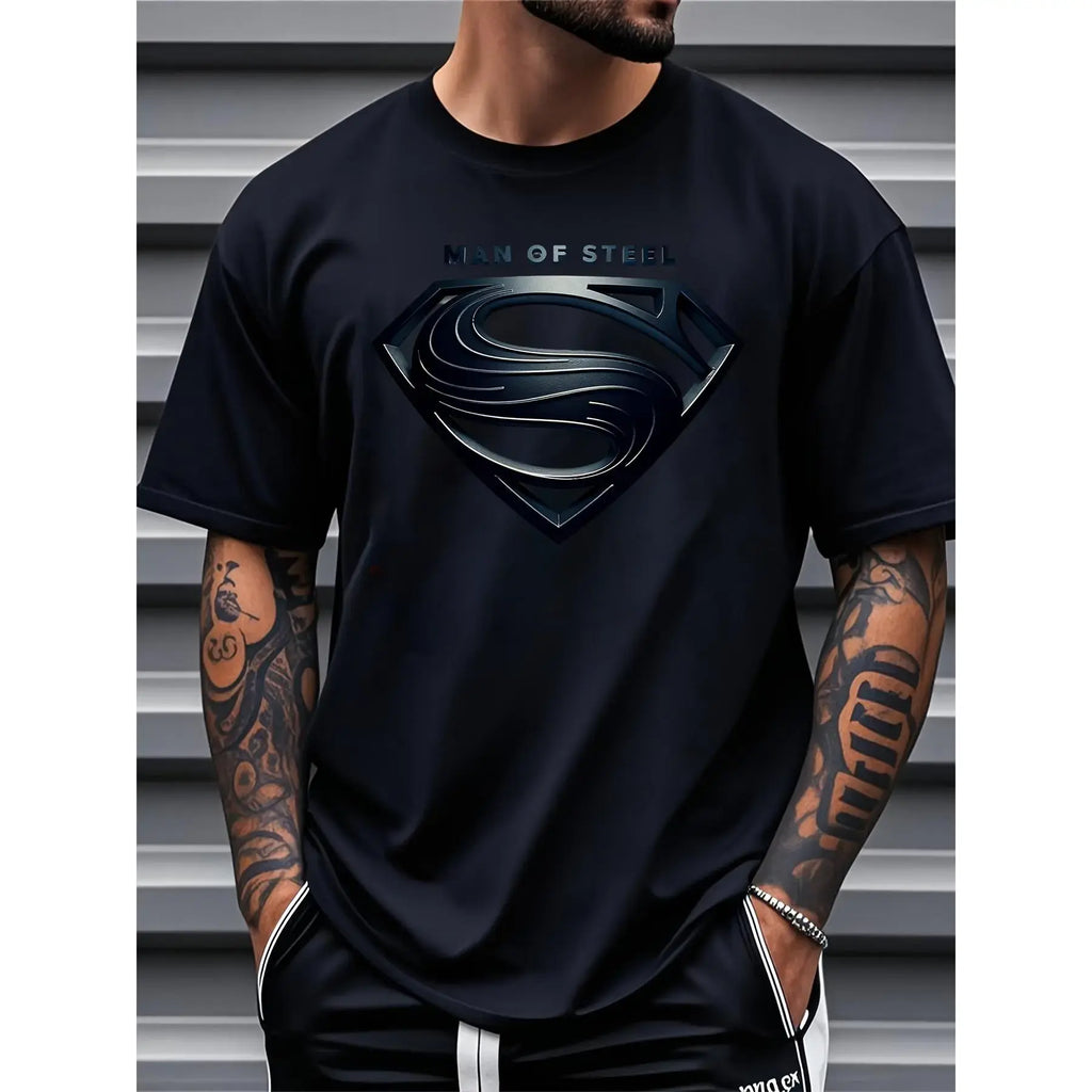 Justice League Men'S Plus Size Casual Crew Neck T-Shirt Man of Steel Graphic Print Short Sleeve Ideal for Spring/Summer Everyday Tshirt | Playful Text Design | Comfortable Fit SIZE Plus Size M-5XL