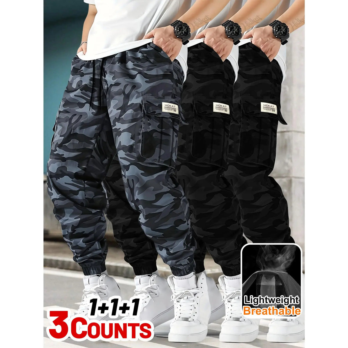 3-piece Men's Tactical Work Pants, Outdoor Camouflage Design, Training, Multi Pocket Pants, Hiking and Camping, Lightweight, Breathable, Quick Drying Sports Pants
