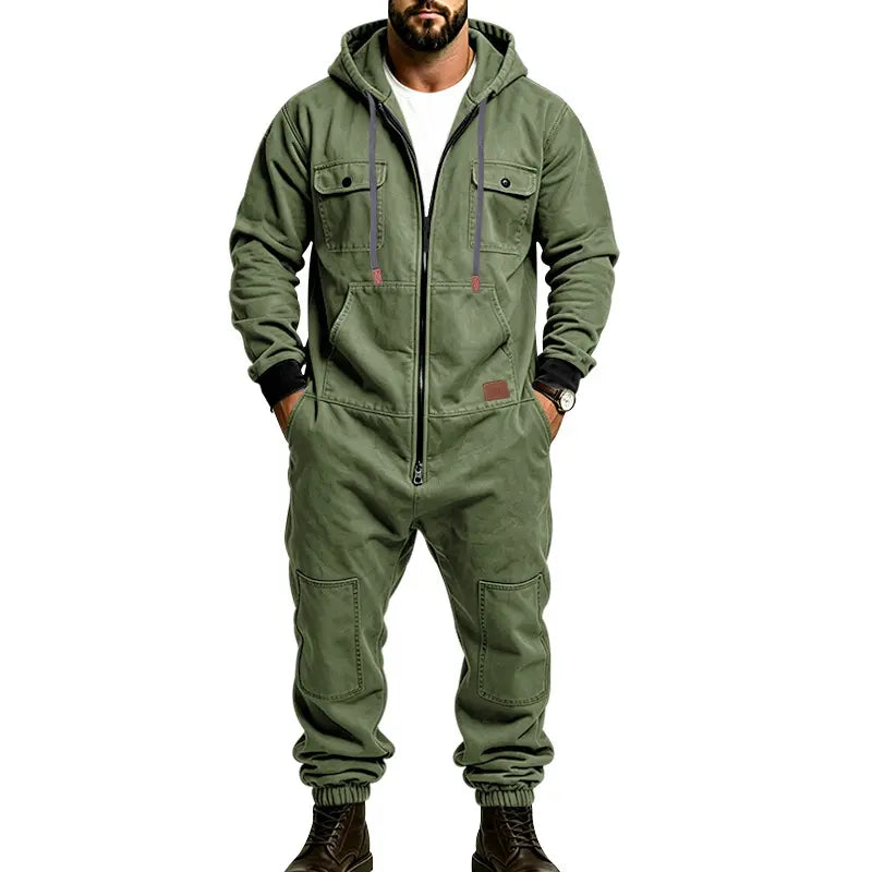 Men’s Hooded Cargo Jumpsuit for Men, Multi-Pocket Zip Front Workwear Coveralls, Relaxed Fit Long Sleeve Utility One Piece Outfit, Outdoor Work Hiking Camping Travel Streetwear Casual Overall with Elastic Cuffs and Drawstring Hood