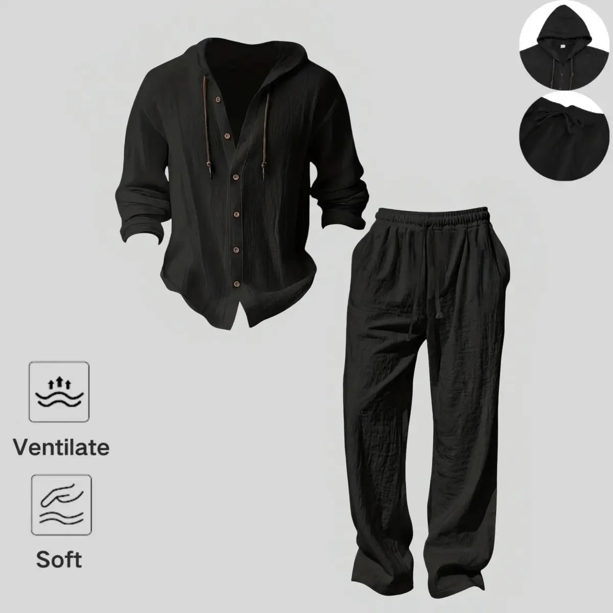 Men's 2-Piece Linen Hooded Lounge Set – Lightweight Loose Fit Hoodie & Wide-Leg Pants