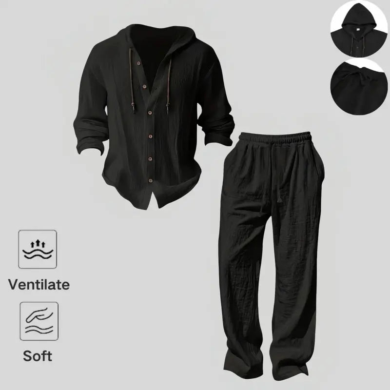 2-Piece Set Men's lightweight Trendy Hooded，Made From Soft Linen，Casual Vacation Style, Loose Fit Breathable Fabric,Long Hoodie & Wide-Leg Pants, Summer Wear outdoorfun Sweatshirt Clothes Fashion Trouser
