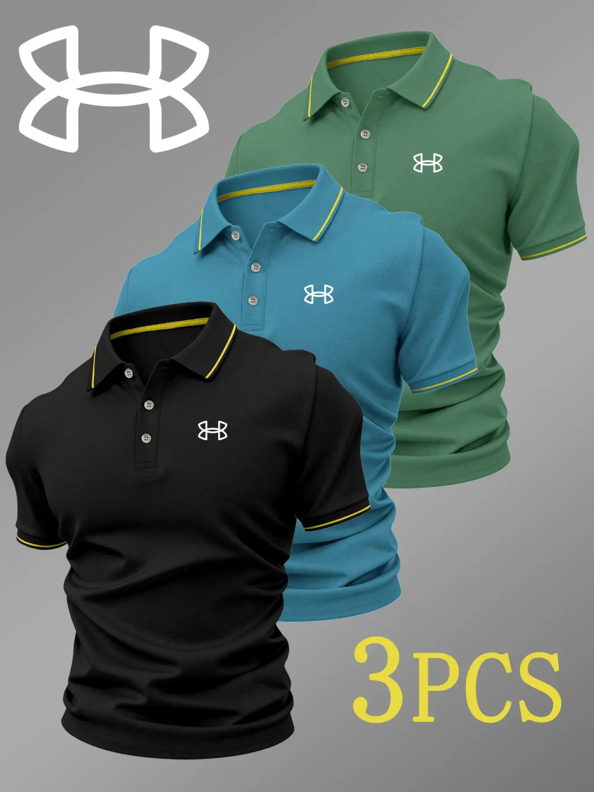 Men's Luxury Golf Polo Shirt Set, 3-Pack, Durable Collared Short-Sleeve Polos with Logo Print, Breathable Stretchy All-Season Casual Wear